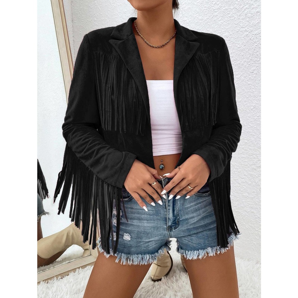 boho cowboy Fringe Trim Open Front Jacket vegan suede hot pink - Picture 10 of 11